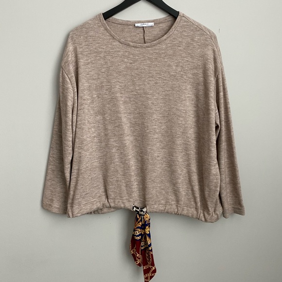 Zara Sweaters - ZARA BASIC Tan Sweater with Ribbon Tie Medium